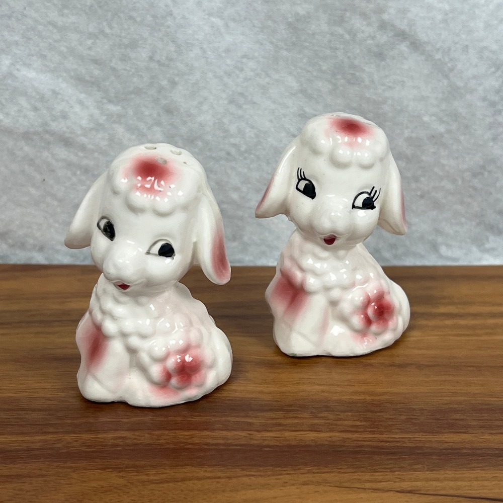 Vintage Japan Ceramic Lamb Salt and Pepper Shakers Pink White Kitsch Set